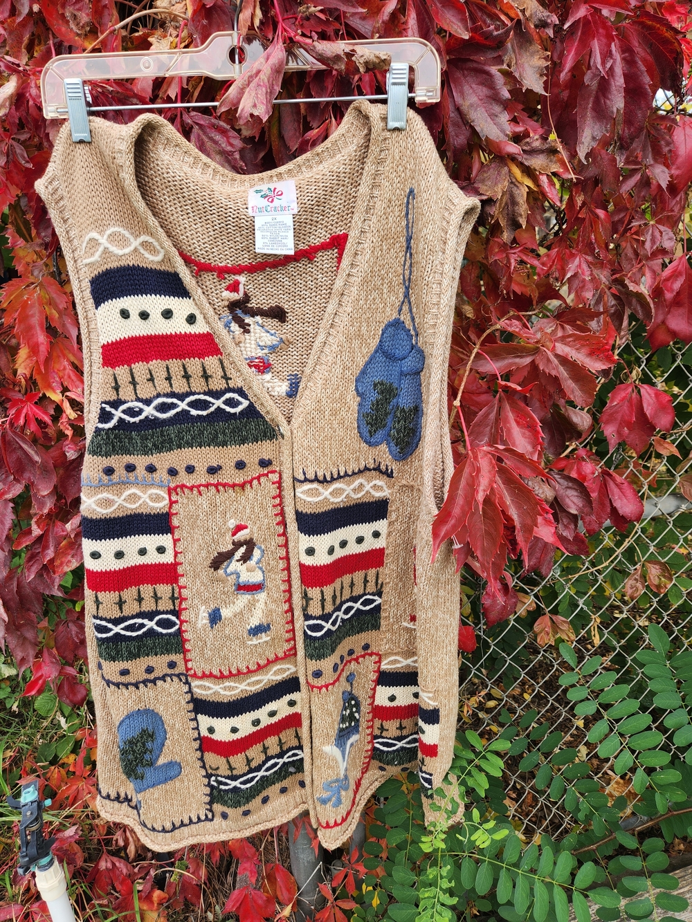Vintage 90s Nutcracker Holiday Sweater Vest Plus Size 2X Patchwork Winter Fuzzy